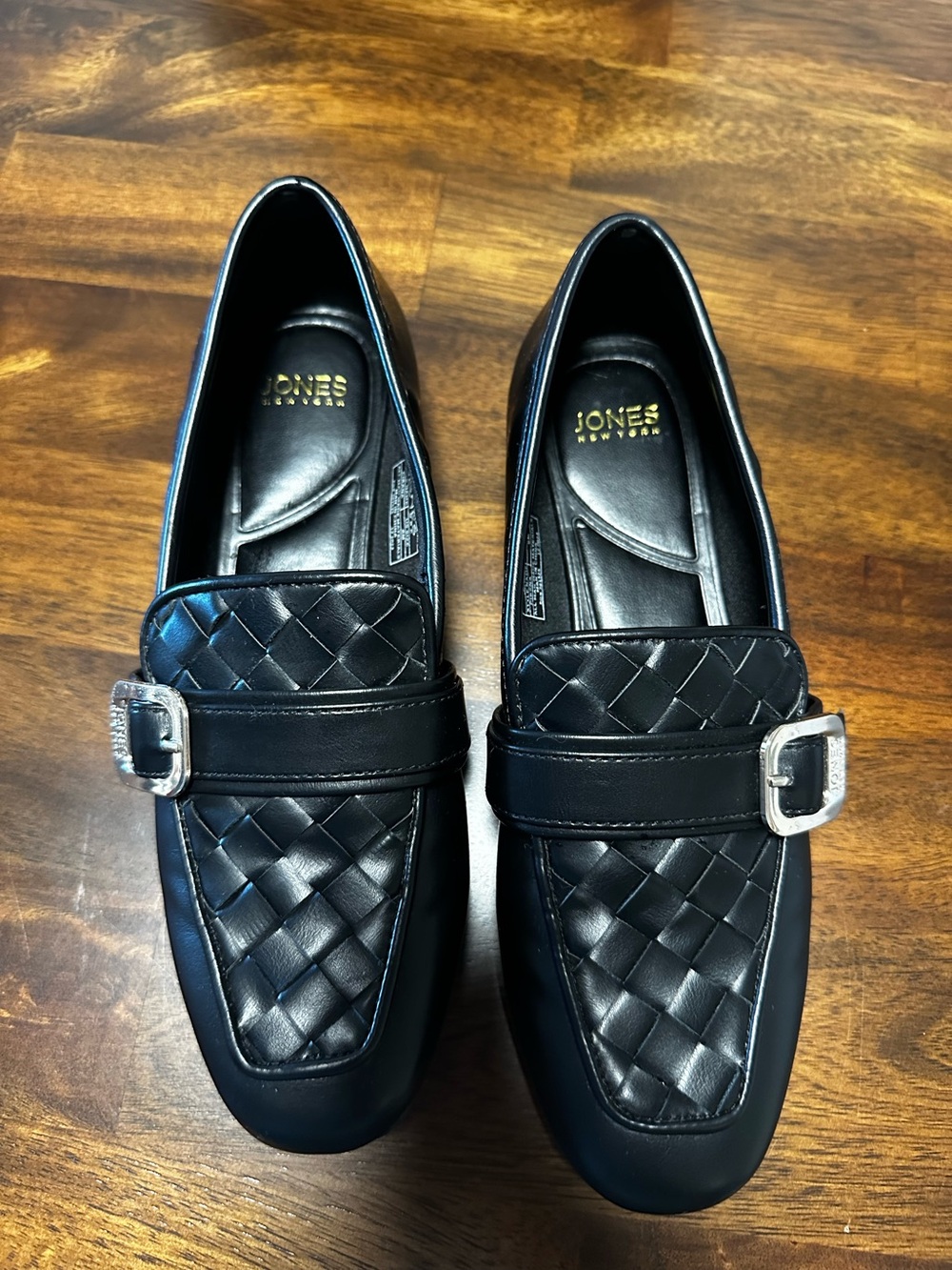 Jones New York Black Woven Leather Buckle Loafers